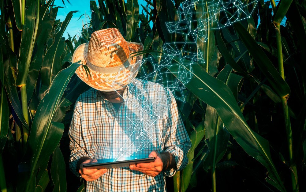Homem administrando a fazenda de um tablet